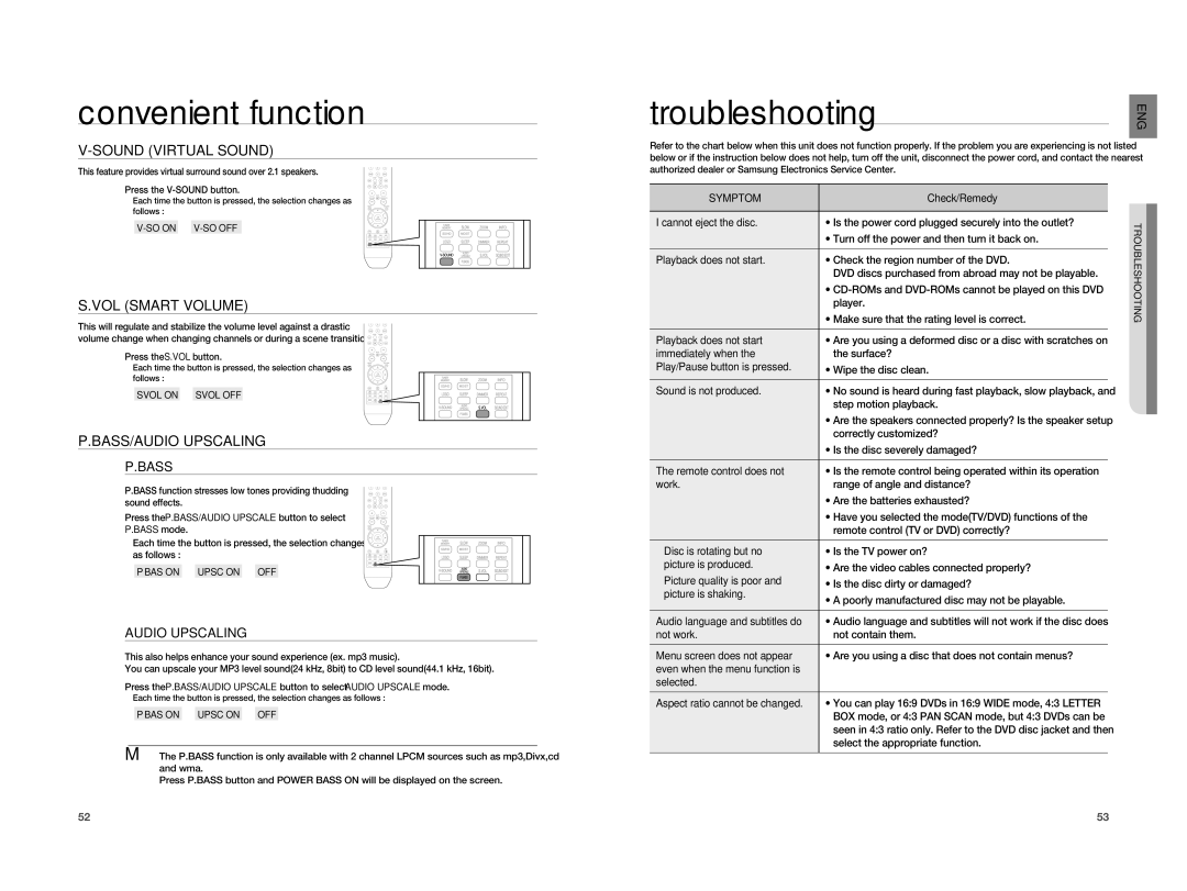 Samsung HT-X810R/XET, HT-X810R/XEF manual Troubleshooting, Sound Virtual Sound, VOL Smart Volume, BASS/AUDIO Upscaling 