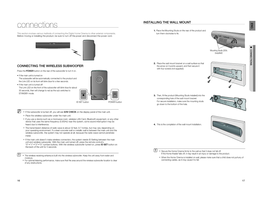 Samsung HT-X810R/EDC, HT-X810R/XEF, HT-X810T/ADL Connections, Connecting the Wireless Subwoofer, Installing the Wall Mount 