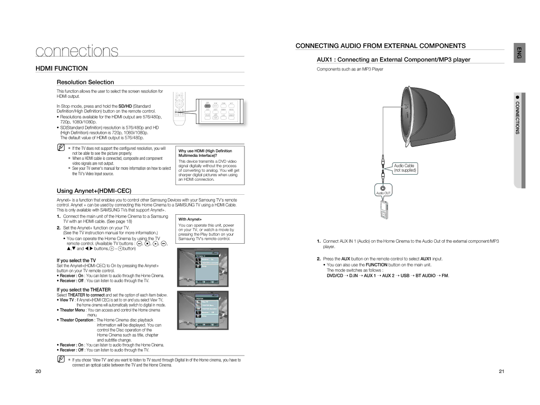 Samsung HT-X810T/XME Hdmi Function, Connecting Audio from External Components, Resolution Selection, Using Anynet+HDMI-CEC 