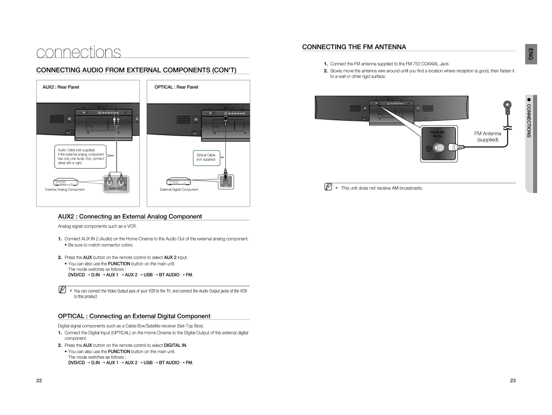 Samsung HT-X810T/XSV manual AUX2 Connecting an External Analog Component, Optical Connecting an External Digital Component 