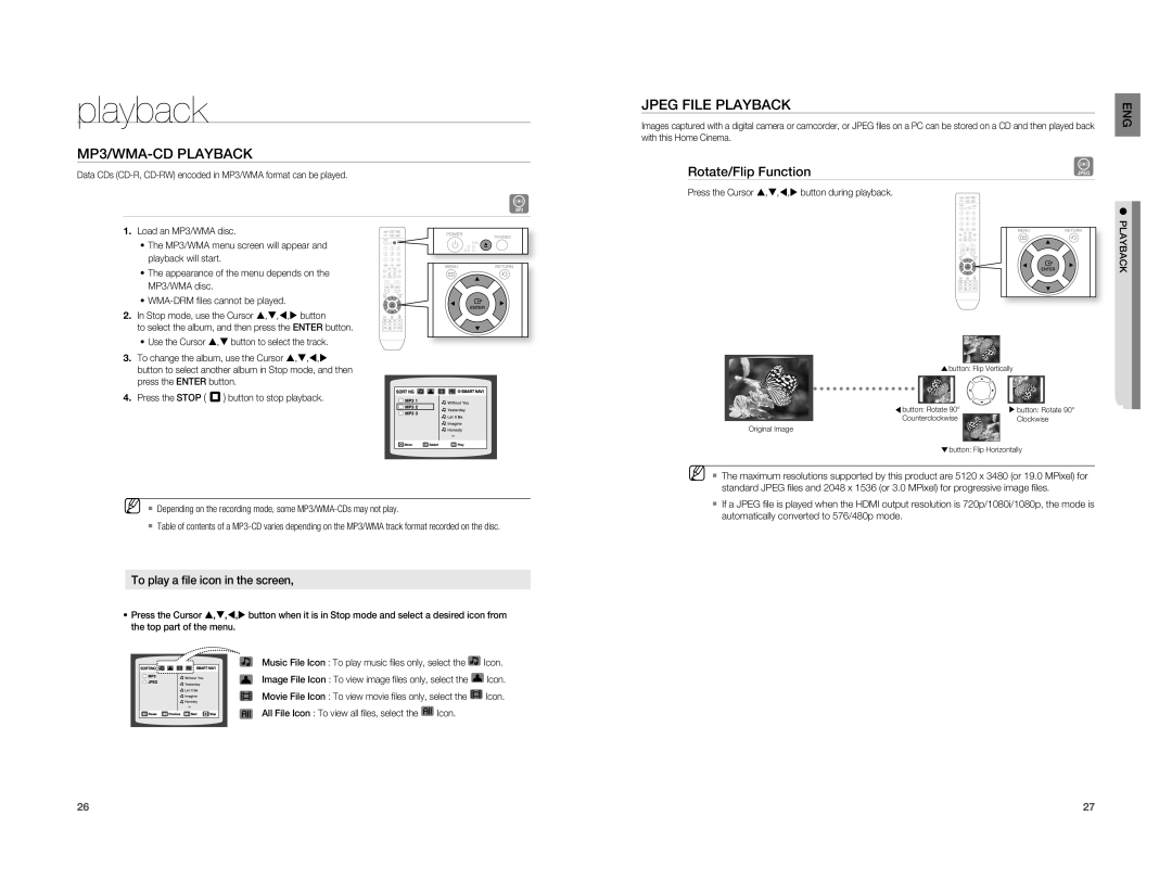 Samsung HT-X810R/XEF, HT-X810R/EDC, HT-X810T/ADL, HT-X810T/XSP MP3/WMA-CD Playback, Jpeg File Playback, Rotate/Flip Function 