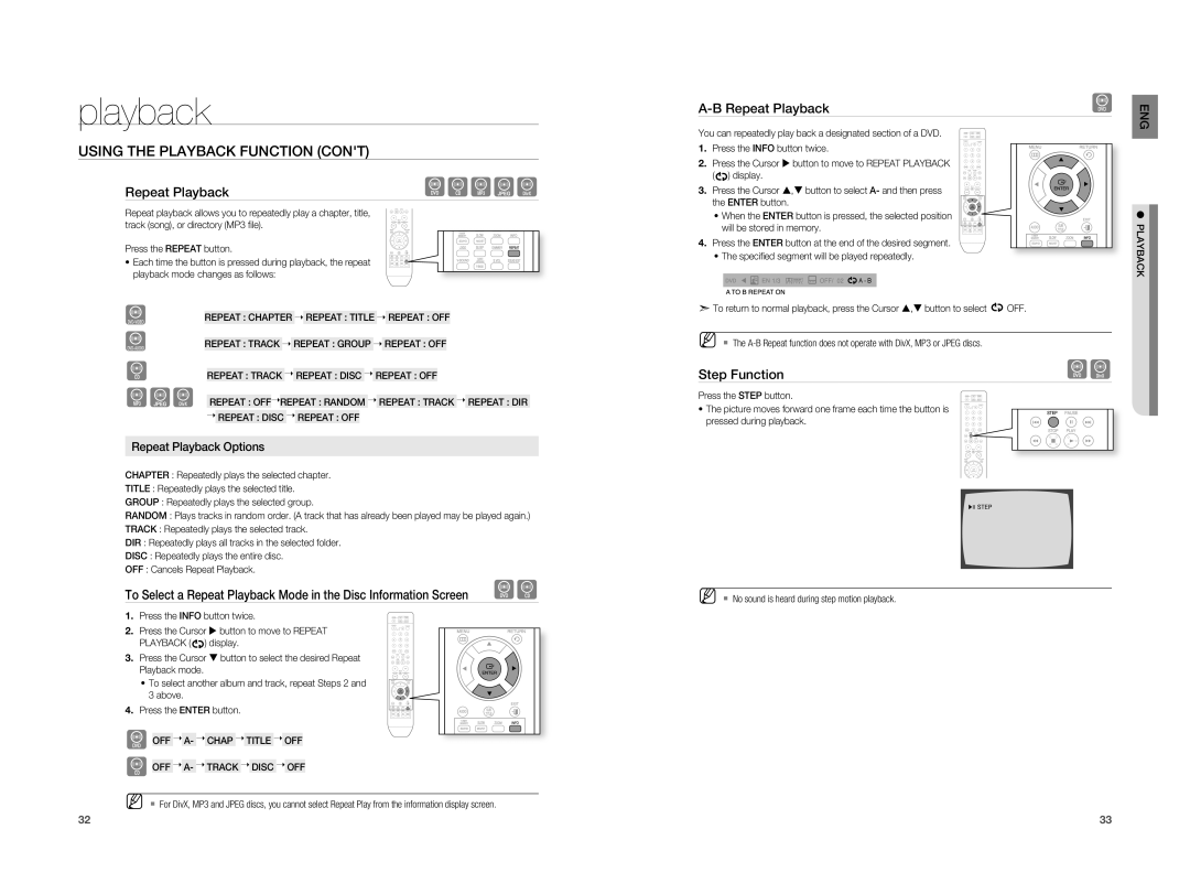 Samsung HT-X810T/XSP, HT-X810R/XEF, HT-X810R/EDC Repeat Playback, Step Function, Repeat Chapter Repeat Title Repeat OFF 