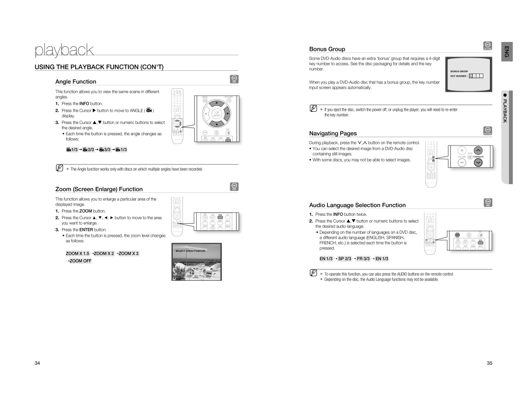 Samsung HT-X810T/XME, HT-X810R/XEF manual Angle Function, Zoom Screen Enlarge Function, Audio Language Selection Function 