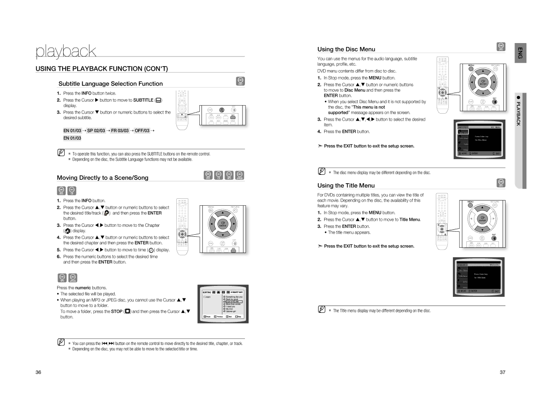 Samsung HT-X810T/XSV manual Subtitle Language Selection Function, Moving Directly to a Scene/Song, Using the Disc Menu 