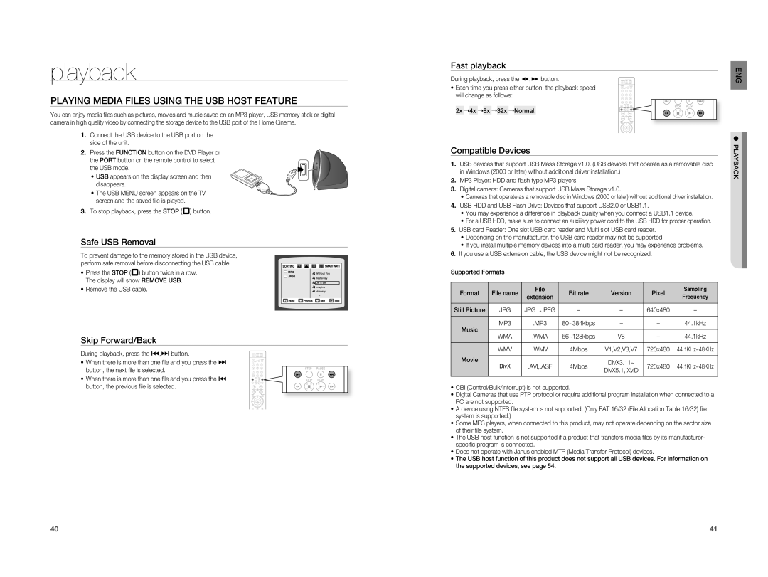 Samsung HT-X810R/XEF, HT-X810R/EDC Playing Media Files Using the USB Host Feature, Safe USB Removal, Compatible Devices 