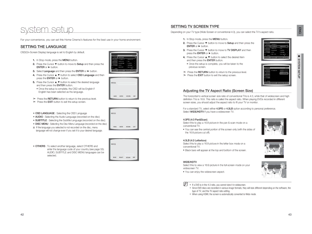 Samsung HT-X810R/EDC System setup, Setting the Language, Setting TV Screen Type, Adjusting the TV Aspect Ratio Screen Size 