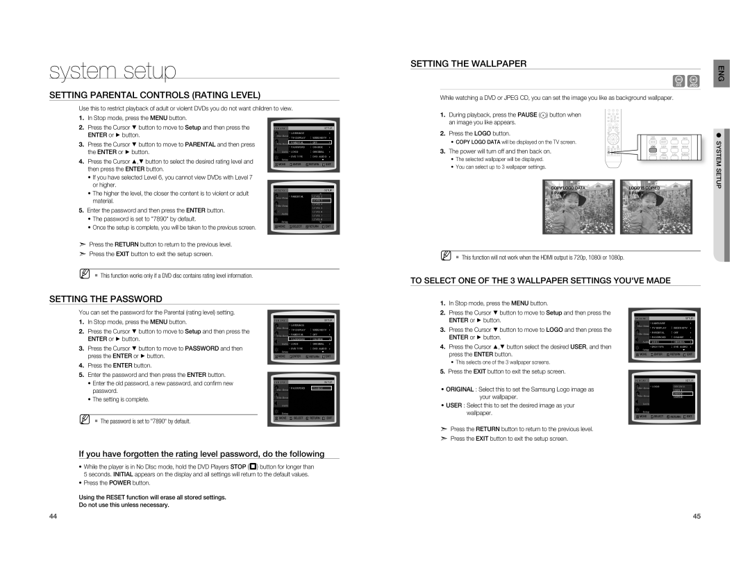 Samsung HT-X810T/ADL manual Setting Parental Controls Rating Level, Setting the Wallpaper, Setting the Password, Setup 