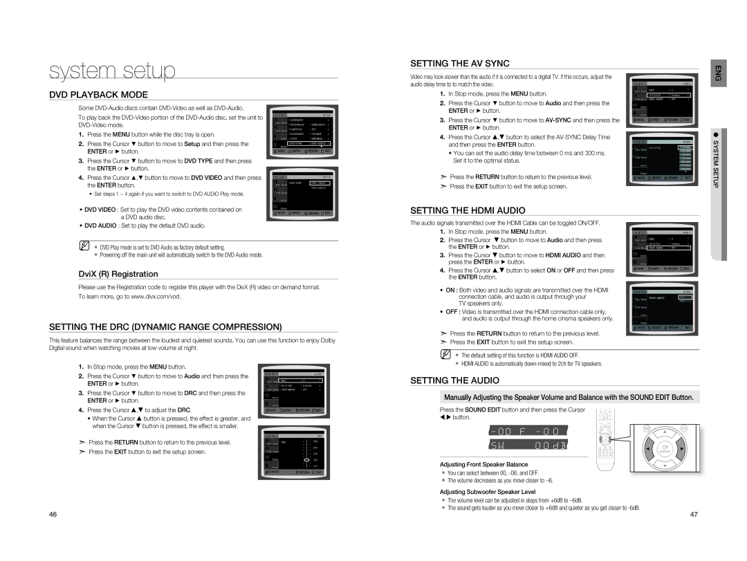 Samsung HT-X810T/XSP Setting the AV Sync, DVD Playback Mode, Setting the DRC Dynamic Range Compression, Setting the Audio 