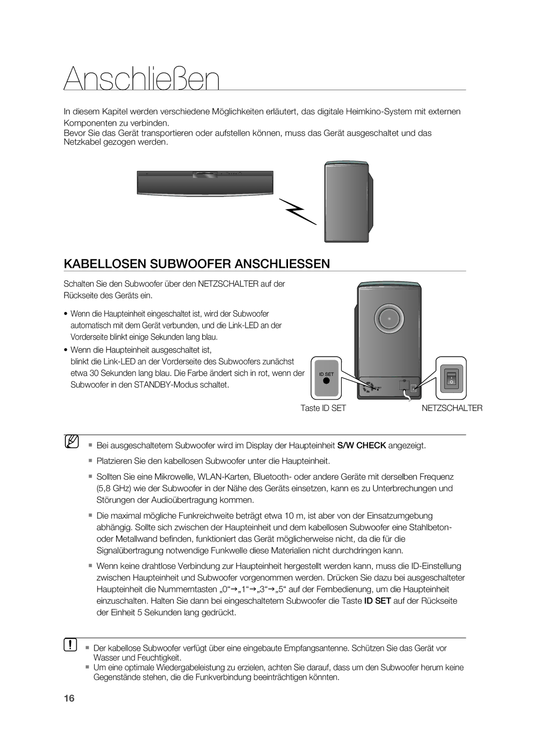 Samsung HT-X810R/EDC, HT-X810R/XEF, HT-X810T/ADL manual Anschließen, KABELLoSEN SUBWooFER Anschliessen 