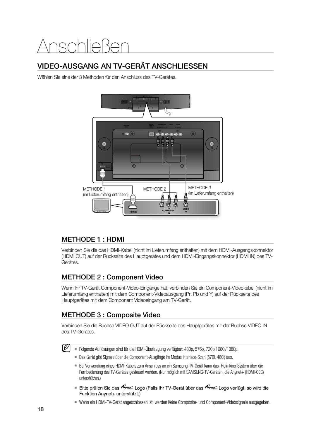 Samsung HT-X810R/XEF, HT-X810R/EDC manual VIDEo-AUSGANG AN tV-GERÄt Anschliessen, MEtHoDE 1 Hdmi, MEtHoDE 2 Component Video 