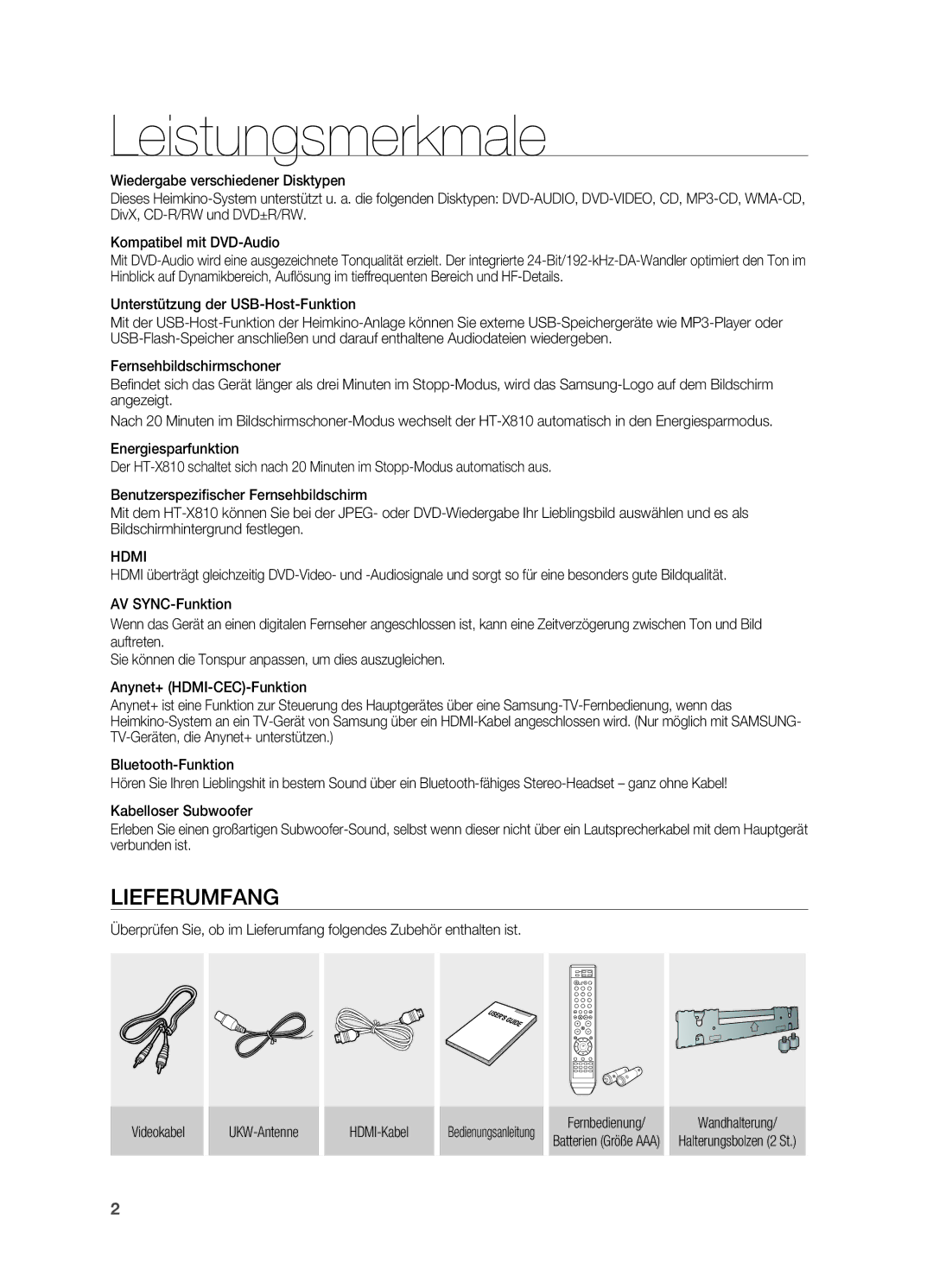 Samsung HT-X810T/ADL, HT-X810R/XEF manual Leistungsmerkmale, Unterstützung der USB-Host-Funktion, Hdmi, Fernbedienung 