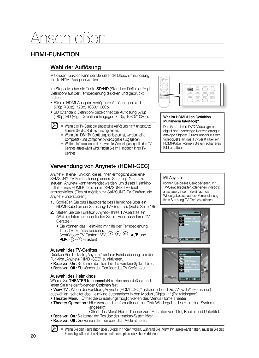 Samsung HT-X810T/ADL, HT-X810R/XEF, HT-X810R/EDC manual HDMI-FUNKtIoN, Wahl der Auﬂ ösung, Verwendung von Anynet+ HDMI-CEC 