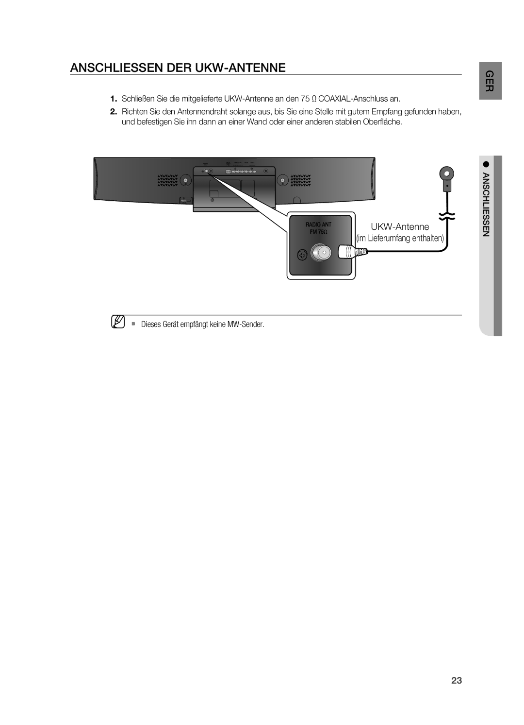 Samsung HT-X810T/ADL, HT-X810R/XEF manual Anschliessen der UKW-Antenne, ` Dieses Gerät empfängt keine MW-Sender Anschliessen 