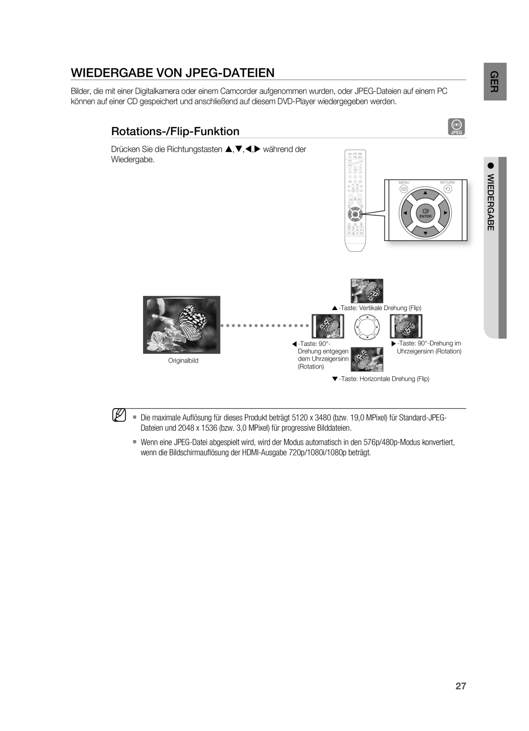 Samsung HT-X810R/XEF, HT-X810R/EDC, HT-X810T/ADL manual Wiedergabe VoN JPEG-DAtEIEN, Rotations-/Flip-Funktion 