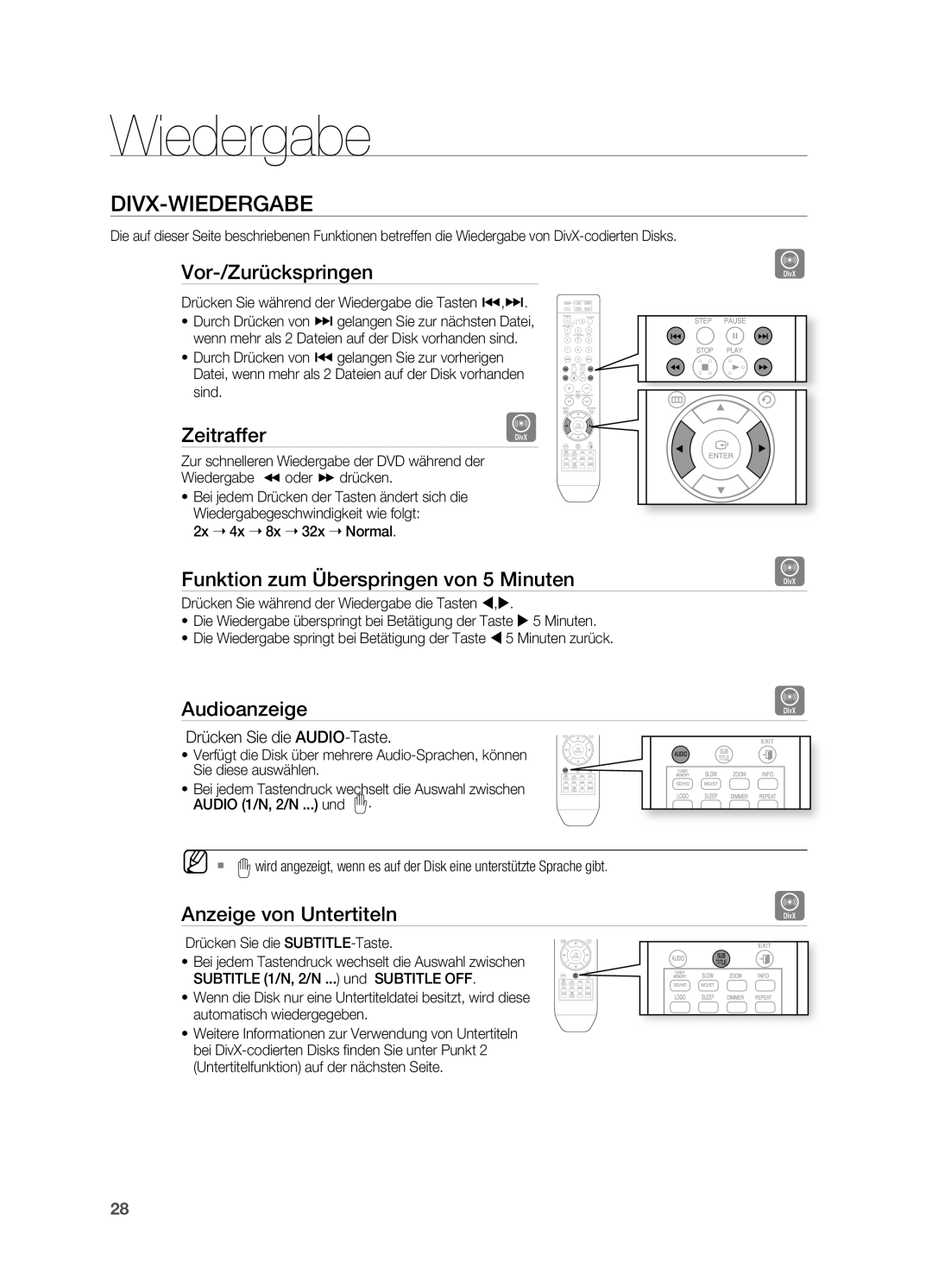 Samsung HT-X810R/EDC, HT-X810R/XEF Vor-/zurückspringen, Zeitraffer, Funktion zum überspringen von 5 Minuten, Audioanzeige 