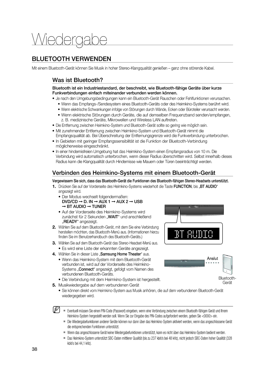 Samsung HT-X810T/ADL Bluetooth verwenden, Was ist Bluetooth?, Verbinden des Heimkino-Systems mit einem Bluetooth-Gerät 