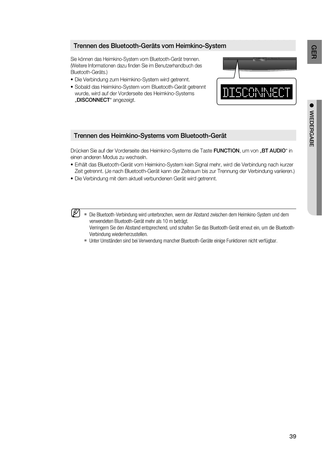 Samsung HT-X810R/XEF, HT-X810R/EDC, HT-X810T/ADL manual Trennen des Bluetooth-Geräts vom Heimkino-System 