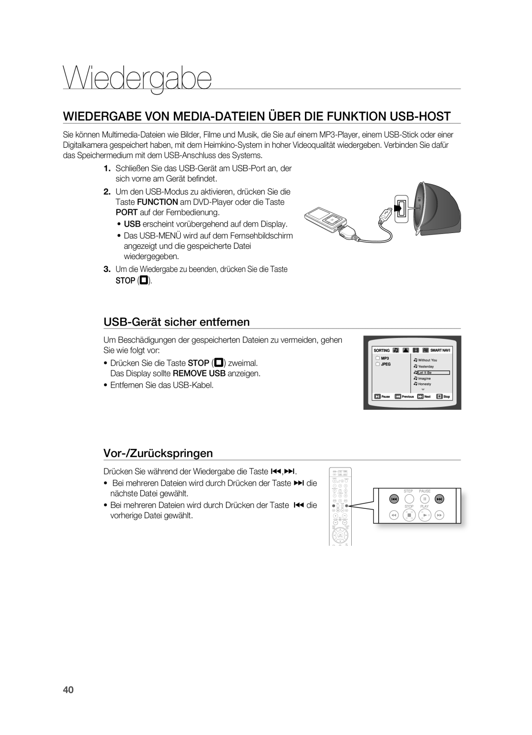 Samsung HT-X810R/EDC, HT-X810R/XEF Wiedergabe VoN MEDIA-DAtEIEN üBER DIE FUNKtIoN USB-HoSt, USB-Gerät sicher entfernen 