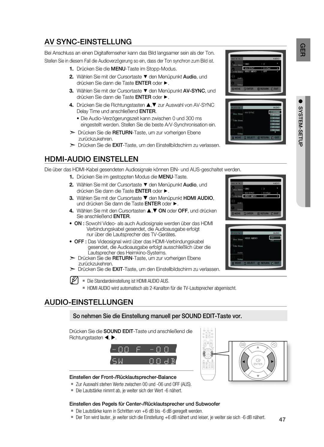 Samsung HT-X810T/ADL, HT-X810R/XEF AV SYNC-EINStELLUNG, HDMI-AUDIo EINStELLEN, AUDIo-EINStELLUNGEN, Sie anschließend ENtER 