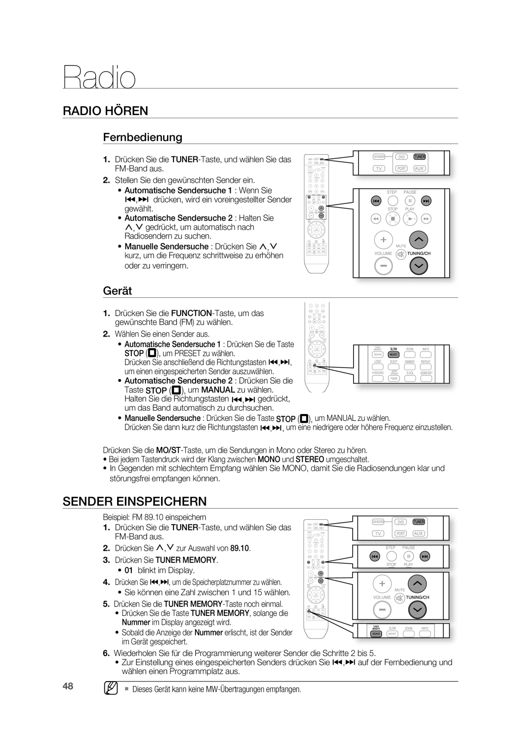 Samsung HT-X810R/XEF, HT-X810R/EDC, HT-X810T/ADL manual Radio, RADIo Hören, Fernbedienung, Gerät 