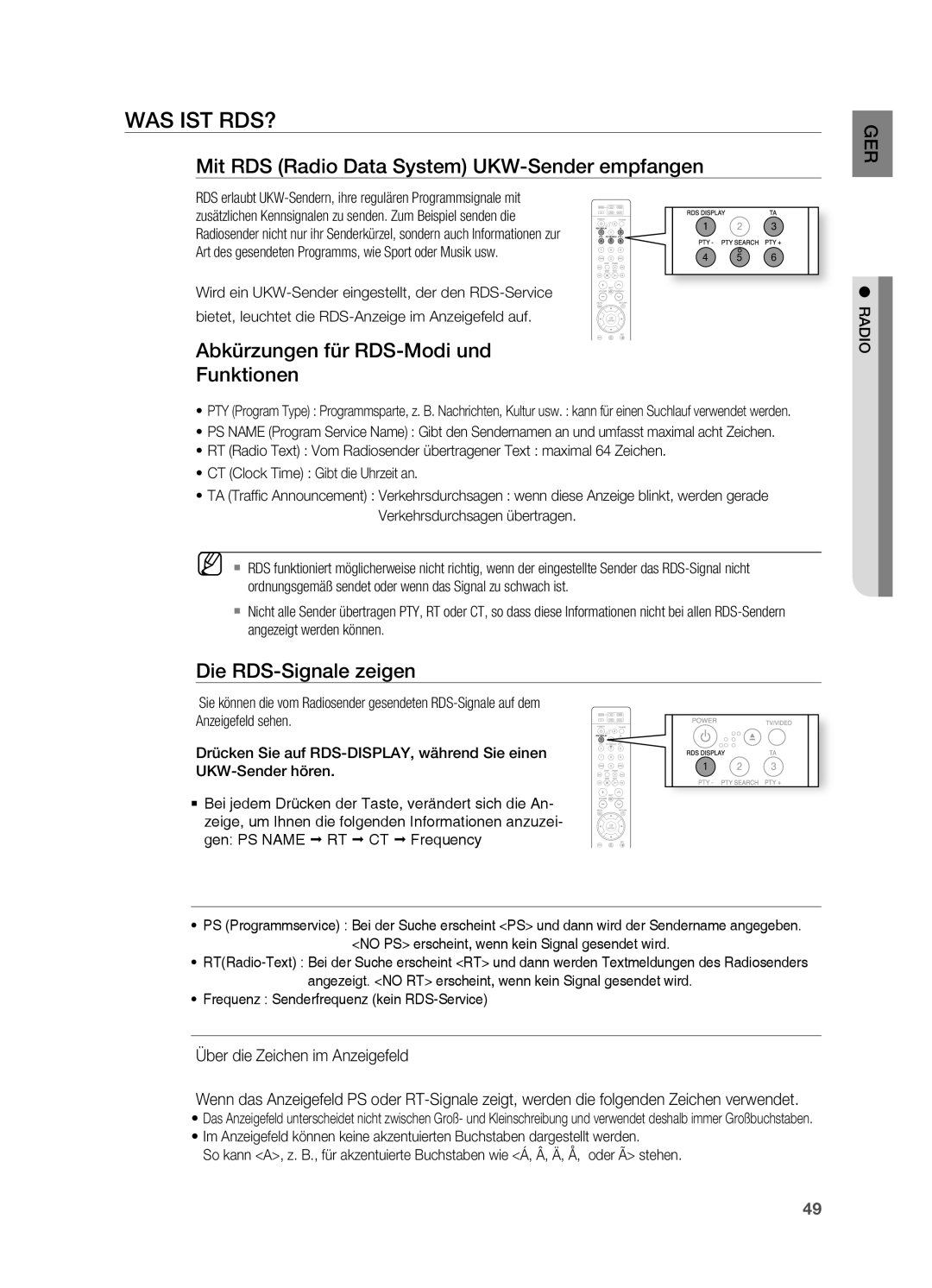 Samsung HT-X810R/EDC WAS ISt RDS?, Mit RDS Radio Data System UKW-Sender empfangen, Abkürzungen für RDS-Modi und Funktionen 