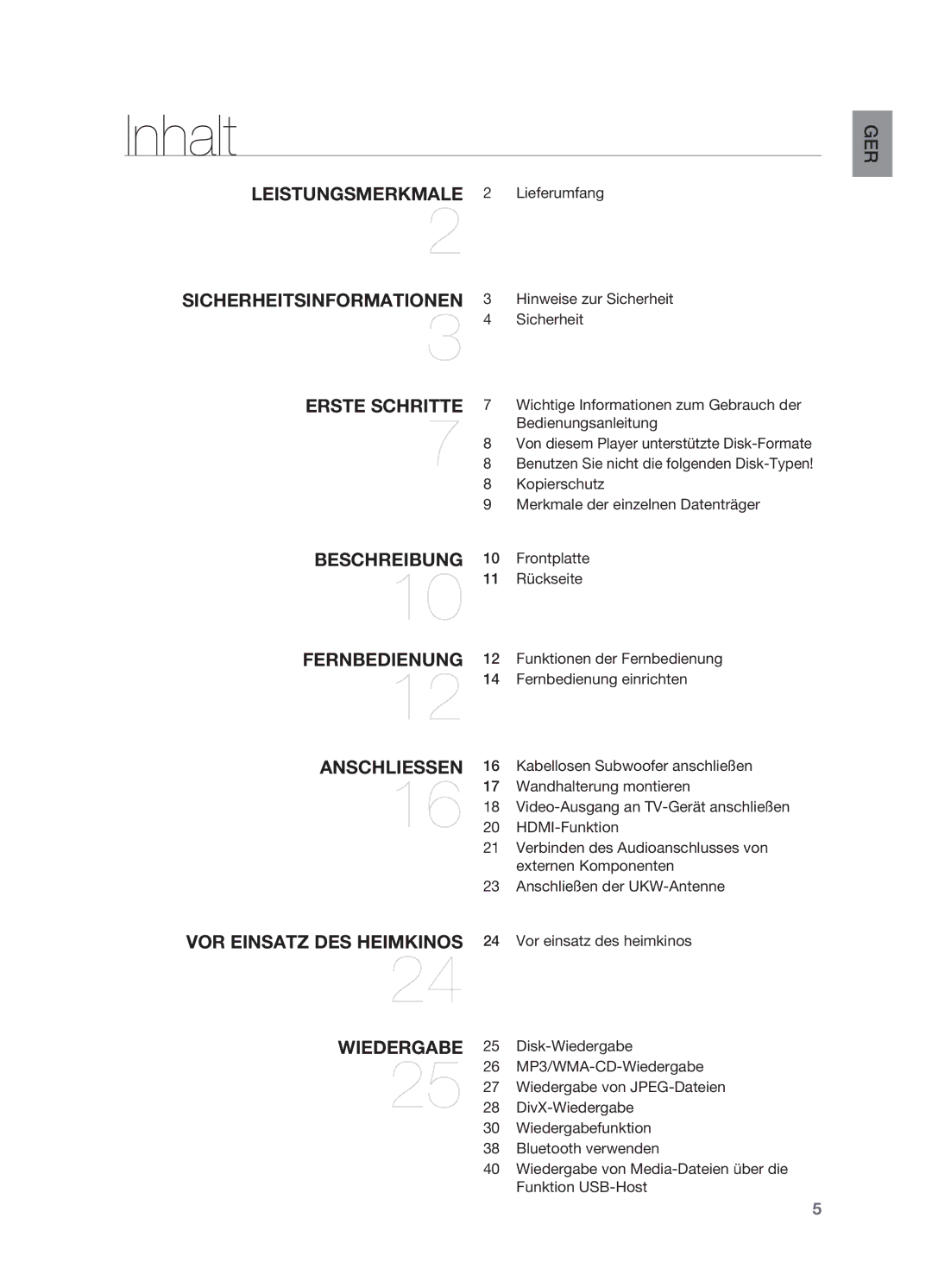 Samsung HT-X810T/ADL, HT-X810R/XEF, HT-X810R/EDC manual Inhalt, Lieferumfang, Sicherheit, Vor einsatz des heimkinos 