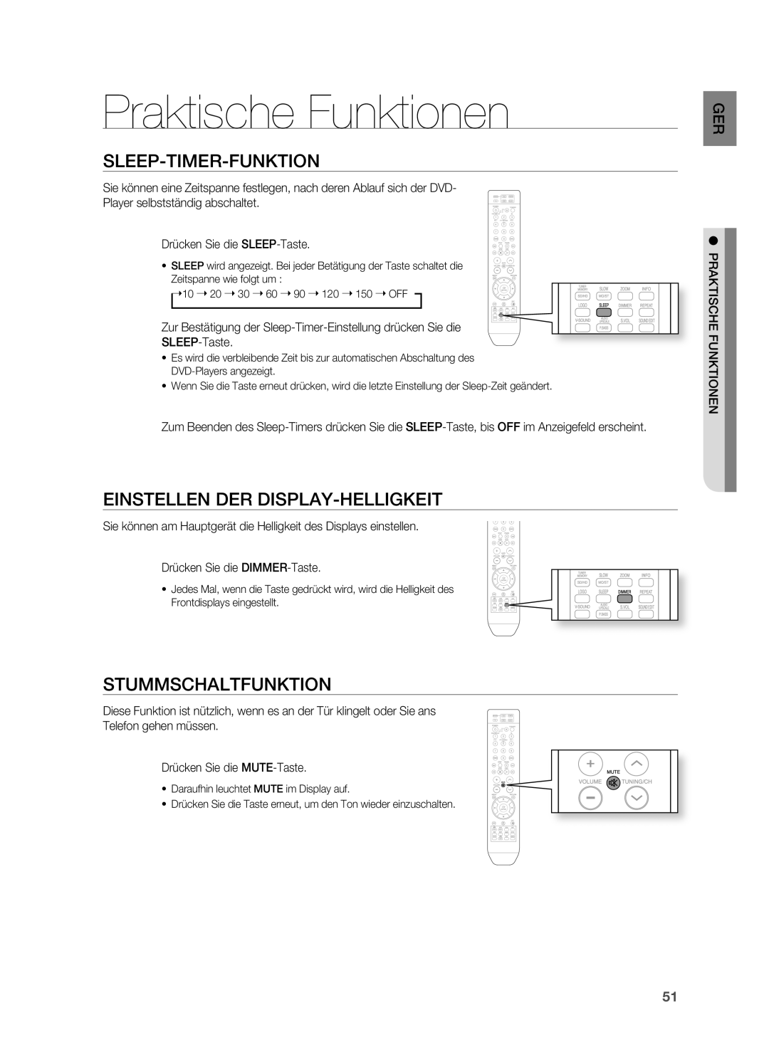 Samsung HT-X810R/XEF Praktische Funktionen, SLEEP-tIMER-FUNKtIoN, EINStELLEN DER DISPLAY-HELLIGKEIt, StUMMSCHALtFUNKtIoN 