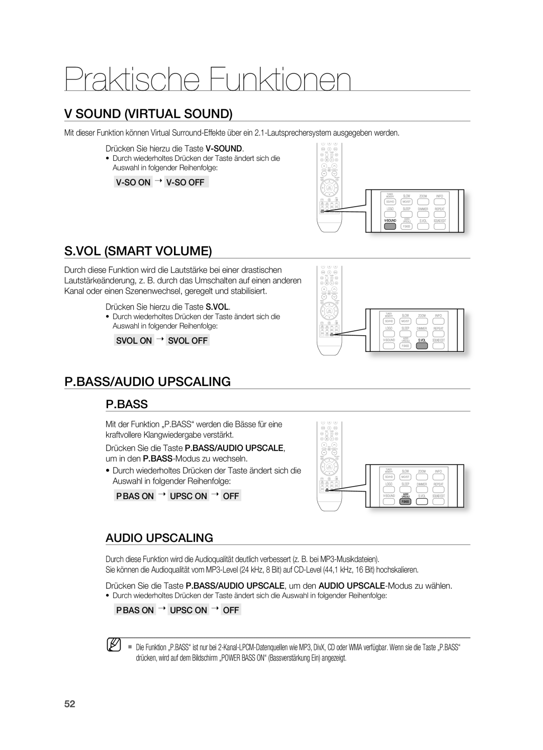 Samsung HT-X810R/EDC, HT-X810R/XEF, HT-X810T/ADL manual SoUND VIRtUAL SoUND, VoL SMARt VoLUME, BASS/AUDIo Upscaling 