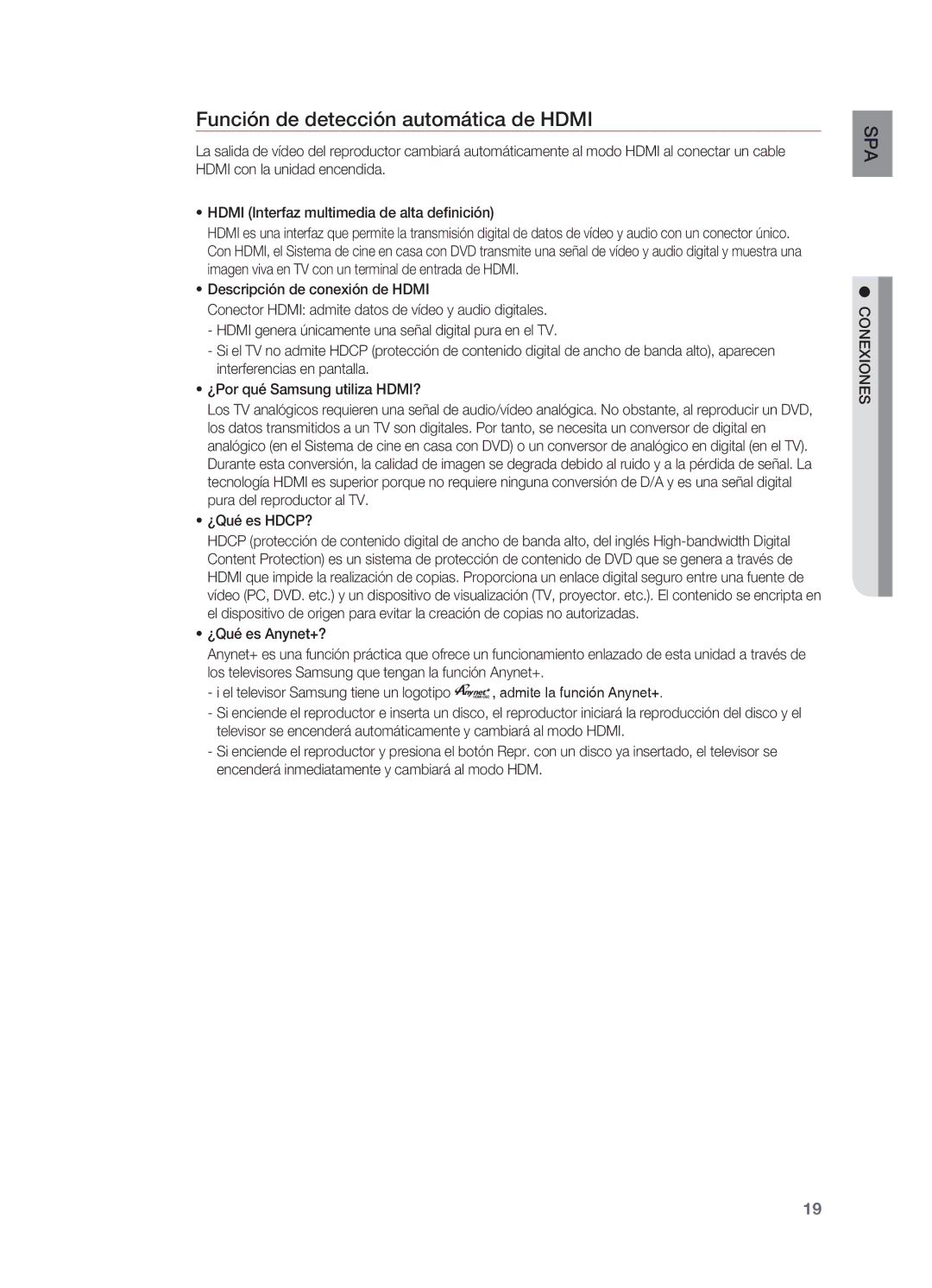 Samsung HT-X810R/XET manual Función de detección automática de Hdmi, ~ ¿Qué es HDCP?, Conexiones 