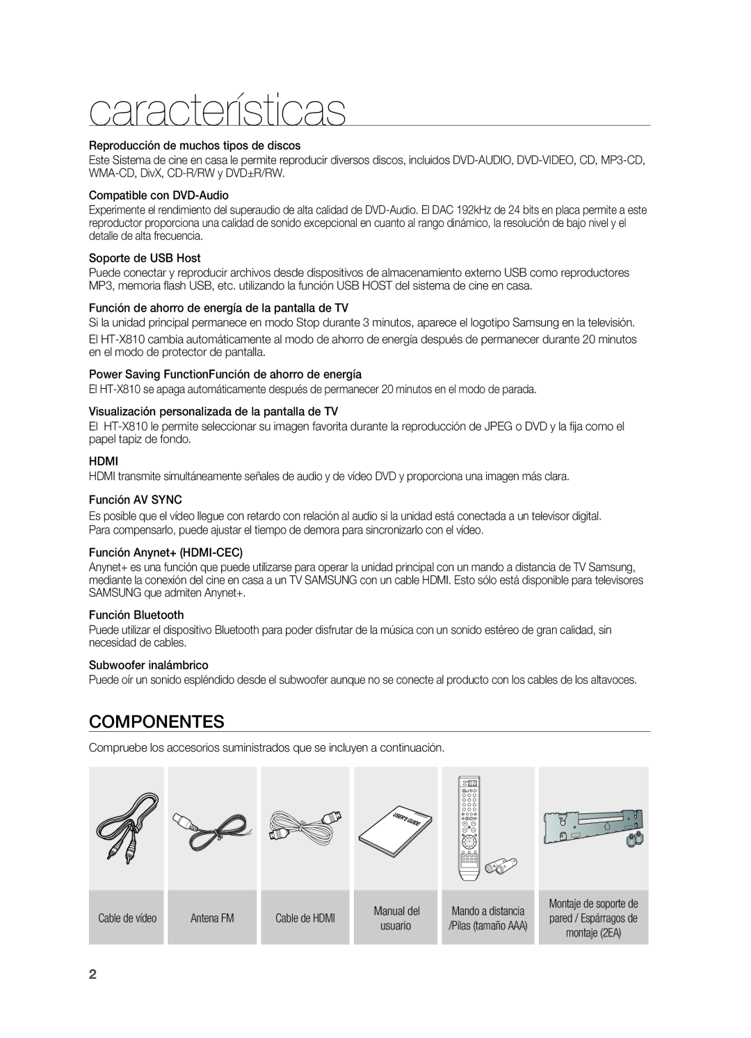 Samsung HT-X810R/XET manual Características, Componentes, Hdmi 