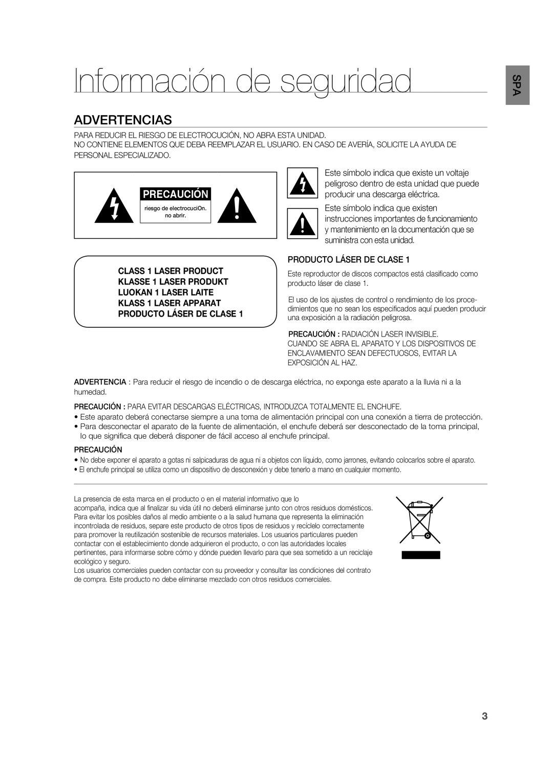 Samsung HT-X810R/XET manual Información de seguridad, Advertencias, Producto Láser DE Clase 