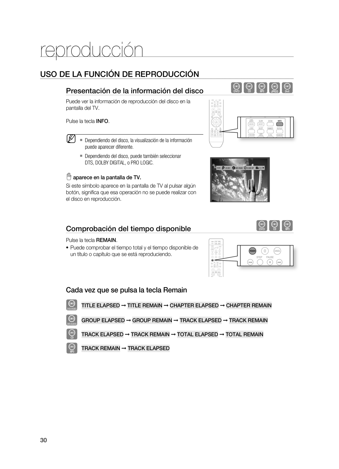 Samsung HT-X810R/XET manual USO DE LA Función DE Reproducción, Presentación de la información del disco 