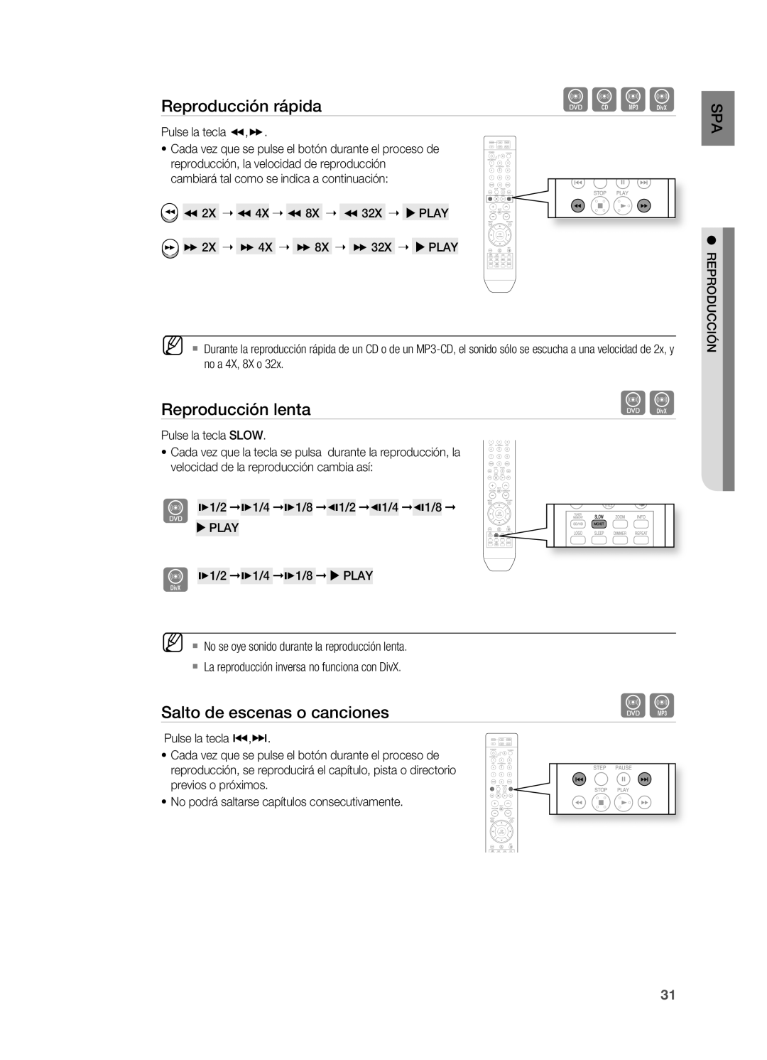 Samsung HT-X810R/XET manual Reproducción lenta, Salto de escenas o canciones, Pulse la tecla,  Play 