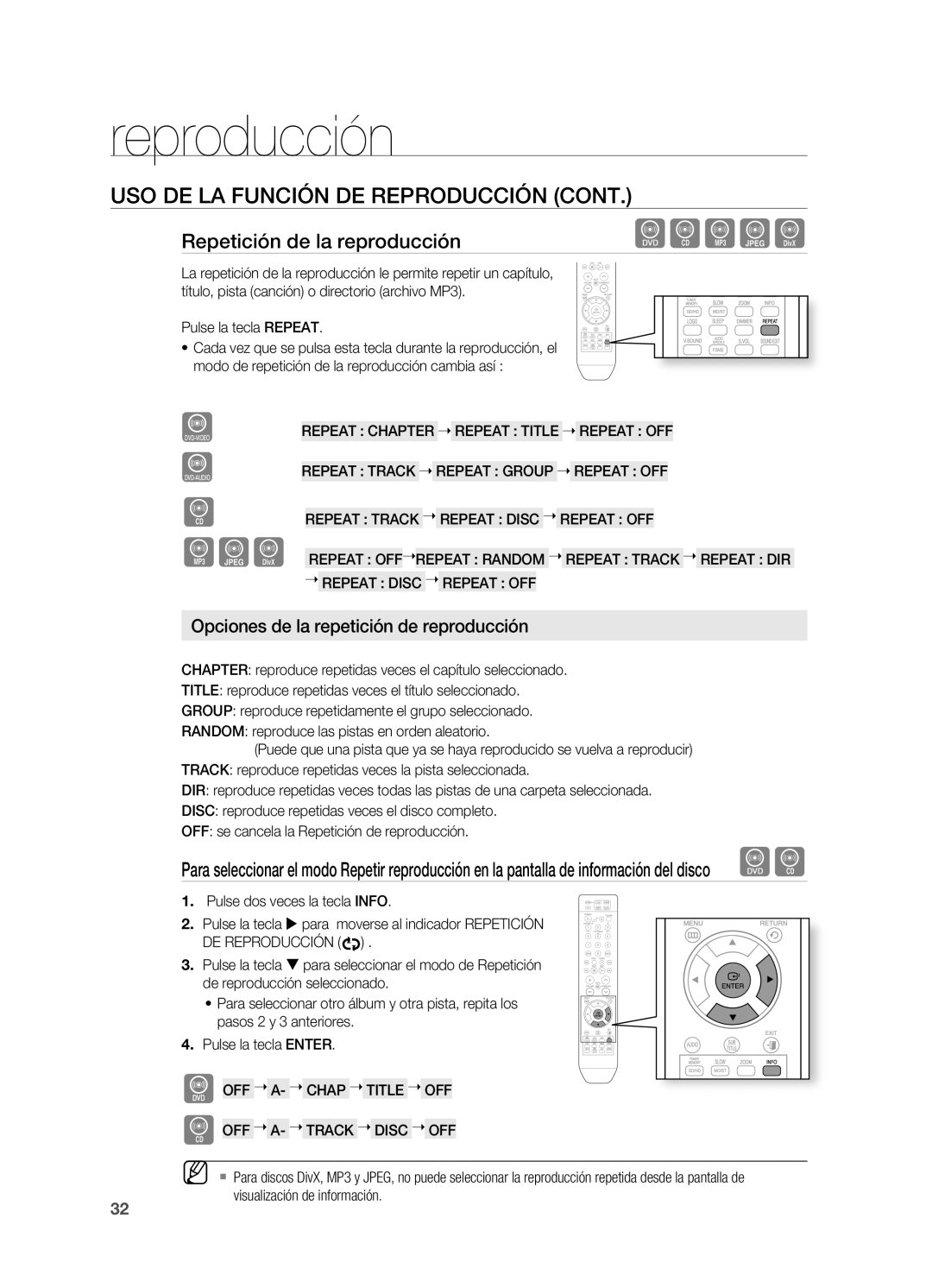 Samsung HT-X810R/XET Repetición de la reproducción, Pulse la tecla Repeat, Repeat Chapter  Repeat Title  Repeat OFF 