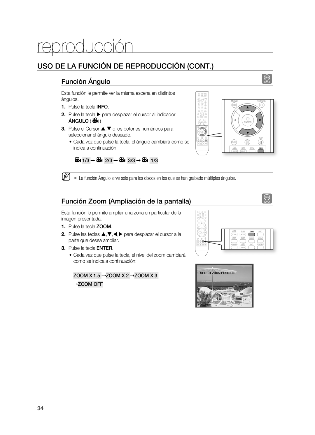 Samsung HT-X810R/XET manual Función Ángulo, Función zoom Ampliación de la pantalla, ZOOM X zOOM OFF 