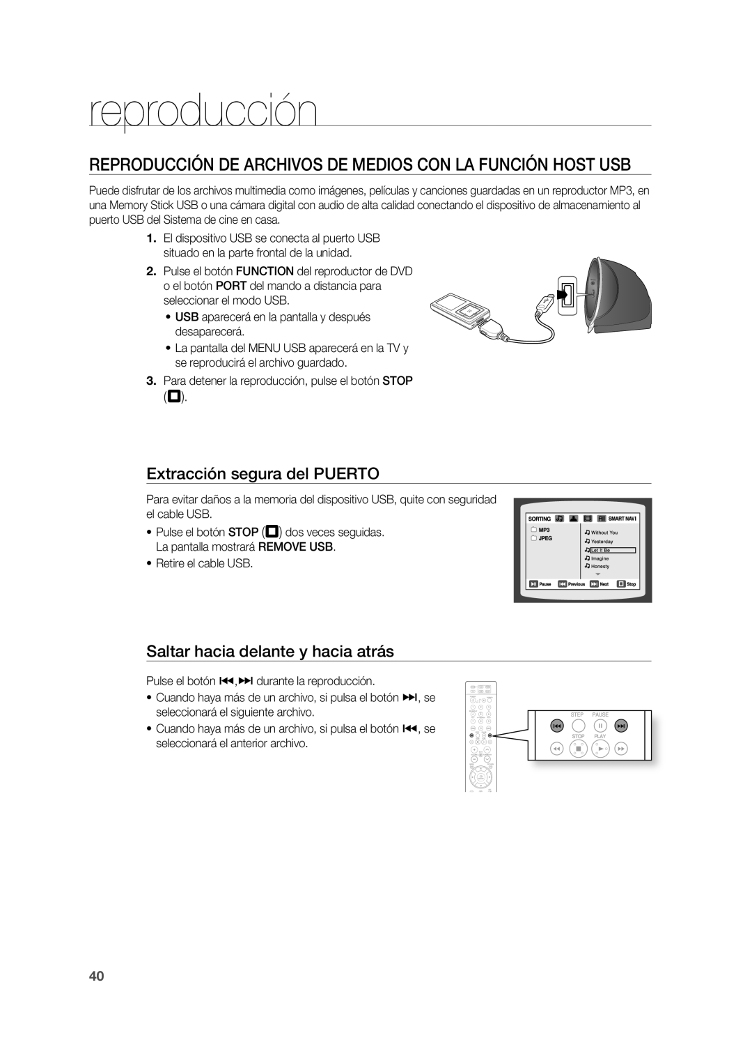 Samsung HT-X810R/XET manual Reproducción DE Archivos DE Medios CON LA Función Host USB, Extracción segura del Puerto 