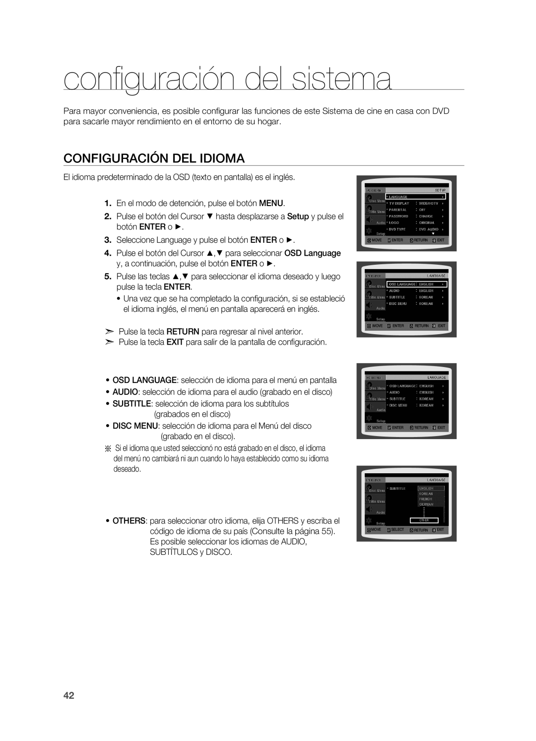 Samsung HT-X810R/XET manual Configuración del sistema, Configuración del idioma 