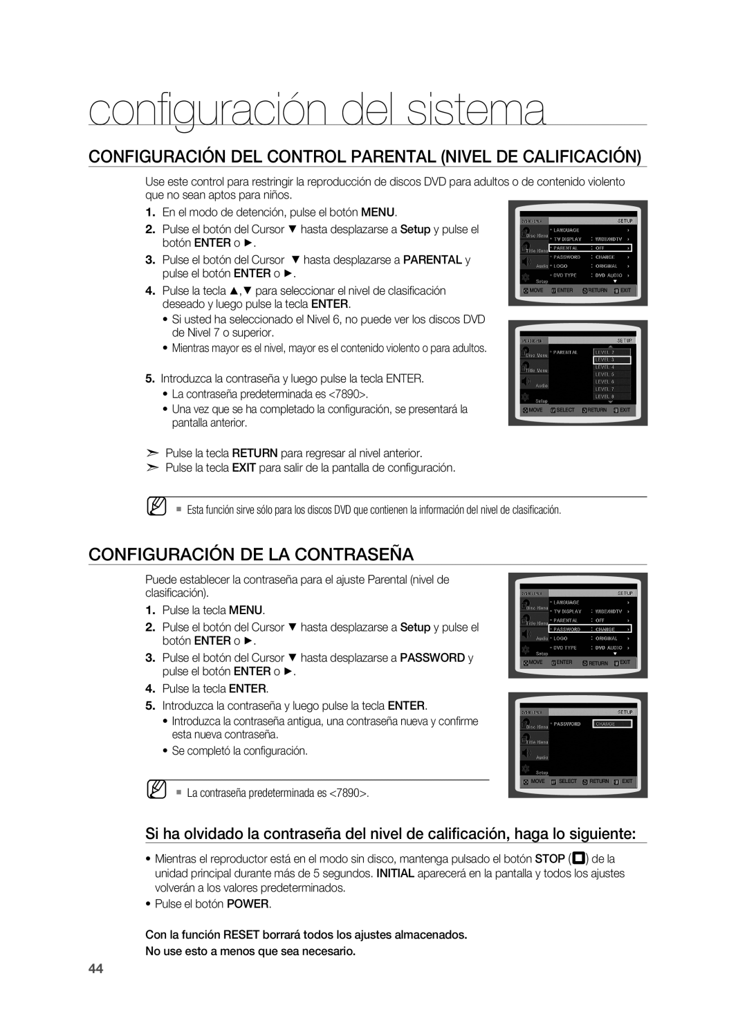 Samsung HT-X810R/XET manual Configuración del control parental Nivel DE Calificación, Configuración de la contraseña 