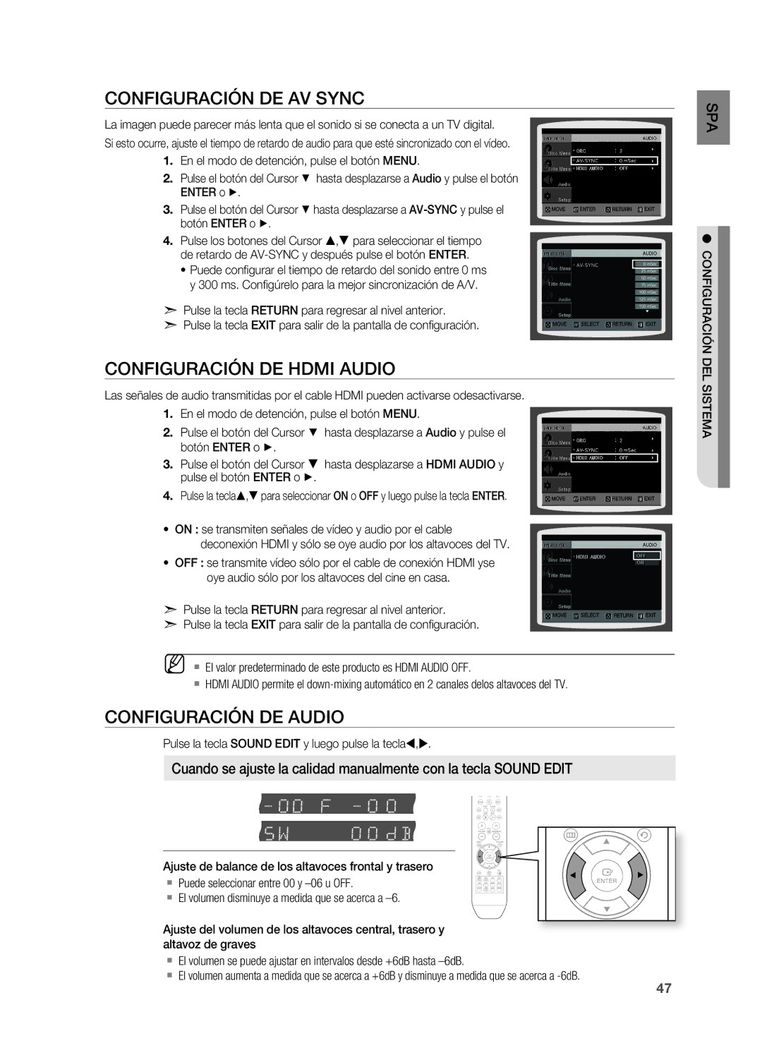 Samsung HT-X810R/XET manual CONFIgURACIÓN DE AV Sync, CONFIgURACIÓN DE Hdmi Audio, CONFIgURACIÓN DE Audio 