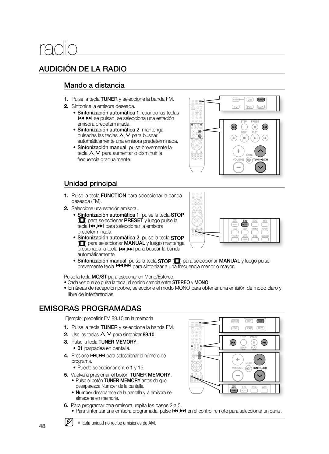 Samsung HT-X810R/XET manual Audición DE LA Radio, Emisoras PROgRAMADAS, Mando a distancia, Unidad principal 