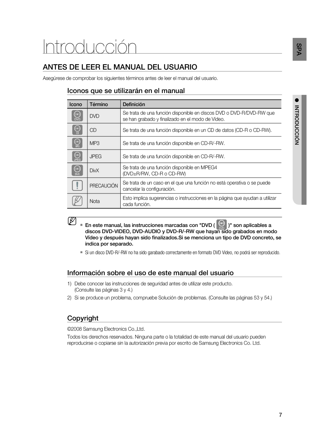 Samsung HT-X810R/XET Introducción, Antes de leer el Manual del usuario, Iconos que se utilizarán en el manual, Copyright 