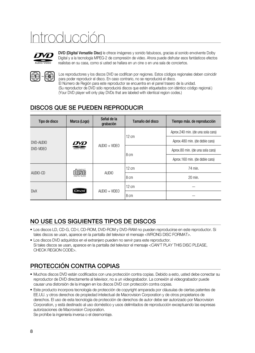 Samsung HT-X810R/XET Discos que se pueden reproducir, No use los siguientes tipos de discos, Protección contra copias 