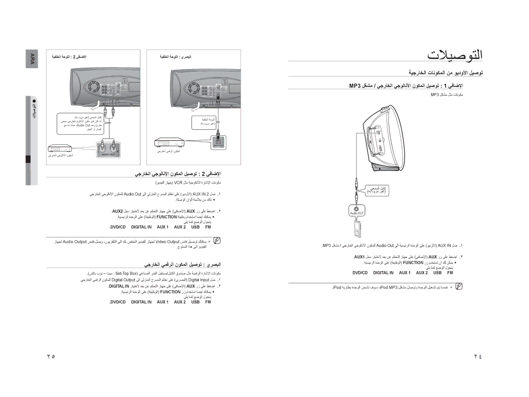 Samsung HT-XA100T/MEA, HT-XA100T/UMG ﺔﻴﺟﺭﺎﺨﻟﺍ ﺕﺎﻧﻮﻜﻤﻟﺍ ﻦﻣ ﻮﻳﺩﻭﻷﺍ ﻞﻴﺻﻮﺗ, MP3 ﻞّﻐﺸﻣ / ﻲﺟﺭﺎﺨﻟﺍ ﻲﺟﻮﻟﺎﻧﻷﺍ ﻥﻮﻜﻤﻟﺍ ﻞﻴﺻﻮﺗ 1 ﻲﻓﺎﺿﻹﺍ 