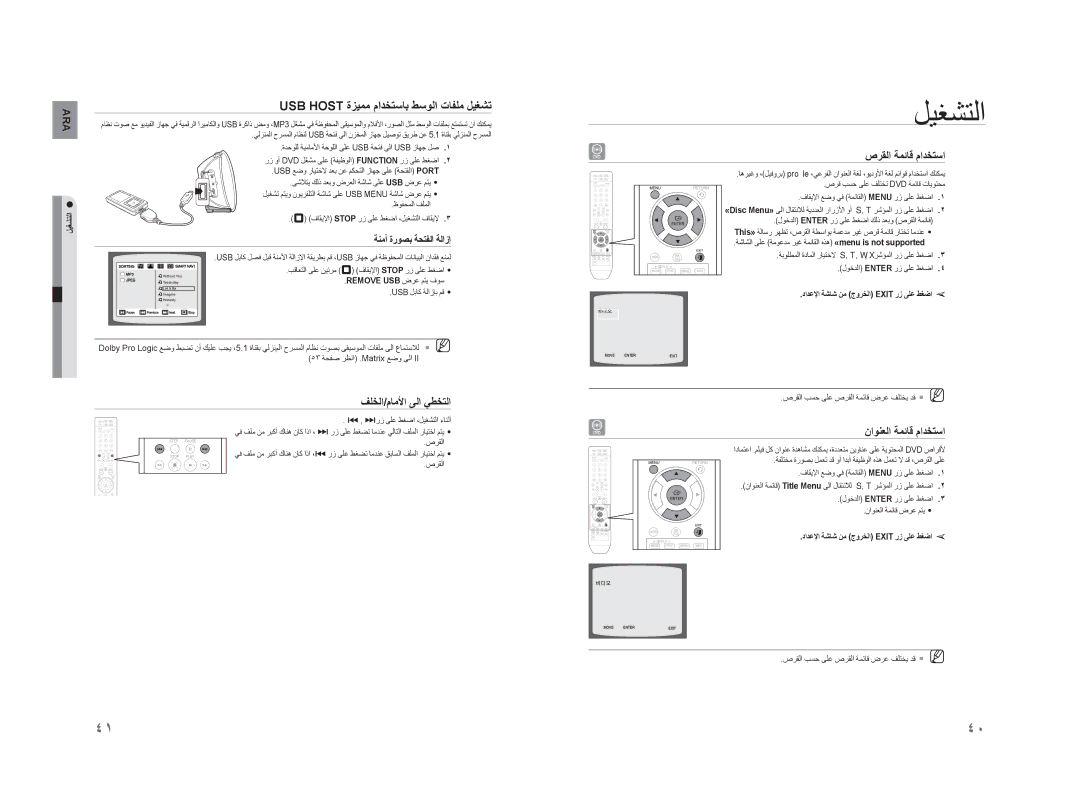 Samsung HT-XA100CT/UMG manual USB Host ﺓﺰﻴﻤﻣ ﻡﺍﺪﺨﺘﺳﺎﺑ ﻂﺳﻮﻟﺍ ﺕﺎﻔﻠﻣ ﻞﻴﻐﺸﺗ, ﺹﺮﻘﻟﺍ ﺔﻤﺋﺎﻗ ﻡﺍﺪﺨﺘﺳﺍ, ﻥﺍﻮﻨﻌﻟﺍ ﺔﻤﺋﺎﻗ ﻡﺍﺪﺨﺘﺳﺍ 