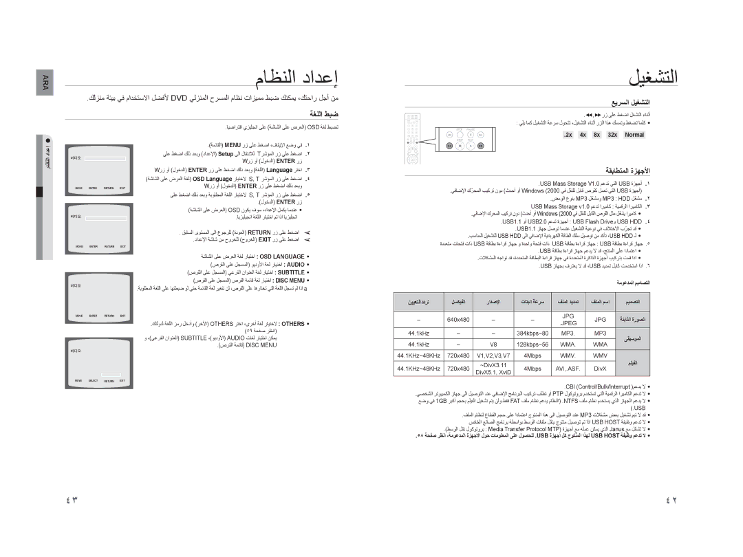 Samsung HT-XA100T/MEA, HT-XA100CT/UMG, HT-XA100T/UMG ﻡﺎﻈﻨﻟﺍ ﺩﺍﺪﻋﺇ, ﺔﻐﻠﻟﺍ ﻂﺒﺿ, ﻊﻳﺮﺴﻟﺍ ﻞﻴﻐﺸﺘﻟﺍ, ﺔﻘﺑﺎﻄﺘﻤﻟﺍ ﺓﺰﻬﺟﻷﺍ, ﻦﻴﻴﻌﺘﻟﺍﺩﺩﺮﺗ 