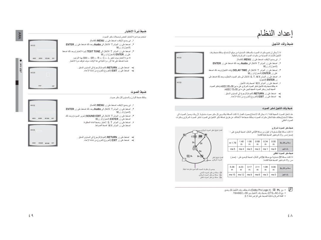 Samsung HT-XA100T/MEA, HT-XA100CT/UMG, HT-XA100T/UMG manual ﺭﺎﺒﺘﺧﻻﺍ ﺓﺮﺒﻧ ﻂﺒﺿ, ﺕﻮﺼﻟﺍ ﻂﺒﺿ, ﺕﻮﺼﻟﺍ ﺮﺒﻜﻤﻟ ﻞﻴﺟﺄﺘﻟﺍ ﺖﻗﻭ ﻂﺒﺿ 