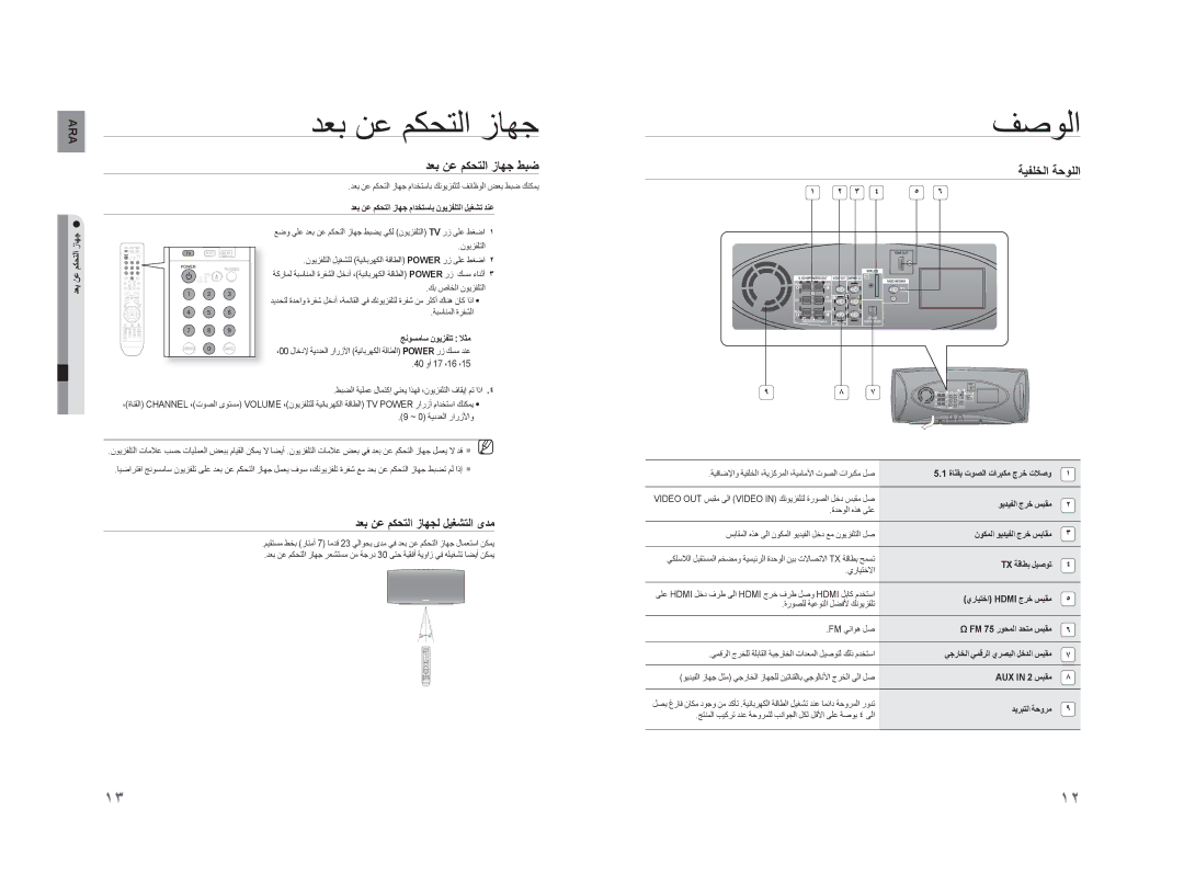 Samsung HT-XA100T/MEA, HT-XA100CT/UMG ﻒﺻﻮﻟﺍ, ﺪﻌﺑ ﻦﻋ ﻢﻜﺤﺘﻟﺍ ﺯﺎﻬﺟ ﻂﺒﺿ, ﺔﻴﻔﻠﺨﻟﺍ ﺔﺣﻮﻠﻟﺍ, ﺪﻌﺑ ﻦﻋ ﻢﻜﺤﺘﻟﺍ ﺯﺎﻬﺠﻟ ﻞﻴﻐﺸﺘﻟﺍ ﻯﺪﻣ 