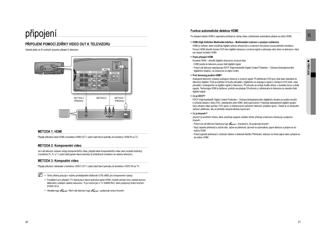 Samsung HT-XA100CT/EDC, HT-XA100T/EDC manual Připojení Pomocí Zdířky Video OUT K Televizoru, Metoda 2 Komponentní video 