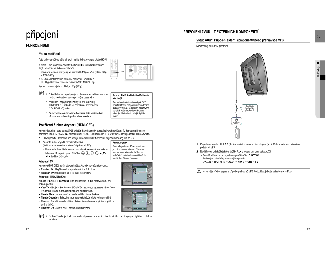 Samsung HT-XA100T/EDC, HT-XA100CT/EDC manual Funkce Hdmi, Připojení Zvuku Z Externích Komponentů, Volba rozlišení 