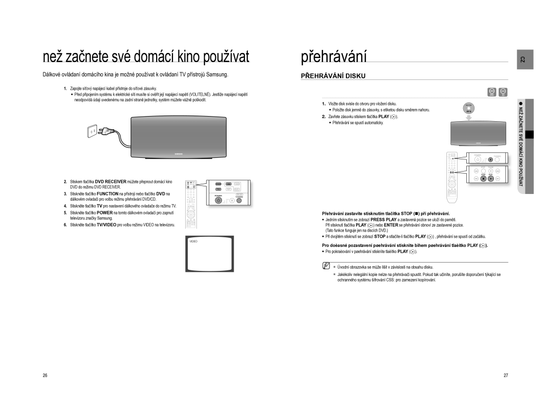 Samsung HT-XA100T/EDC manual Než začnete své domácí kino používat, Přehrávání Disku, Nete SVÉ Domácí Kino Používat 